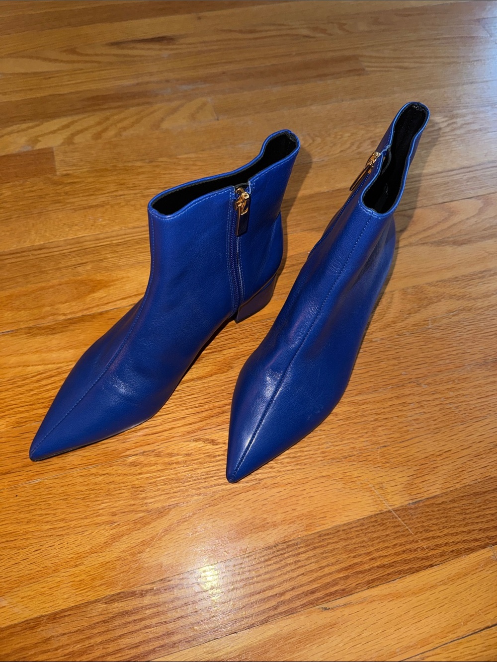 L’intervalle Blue Leather Pointy Ankle Boots
